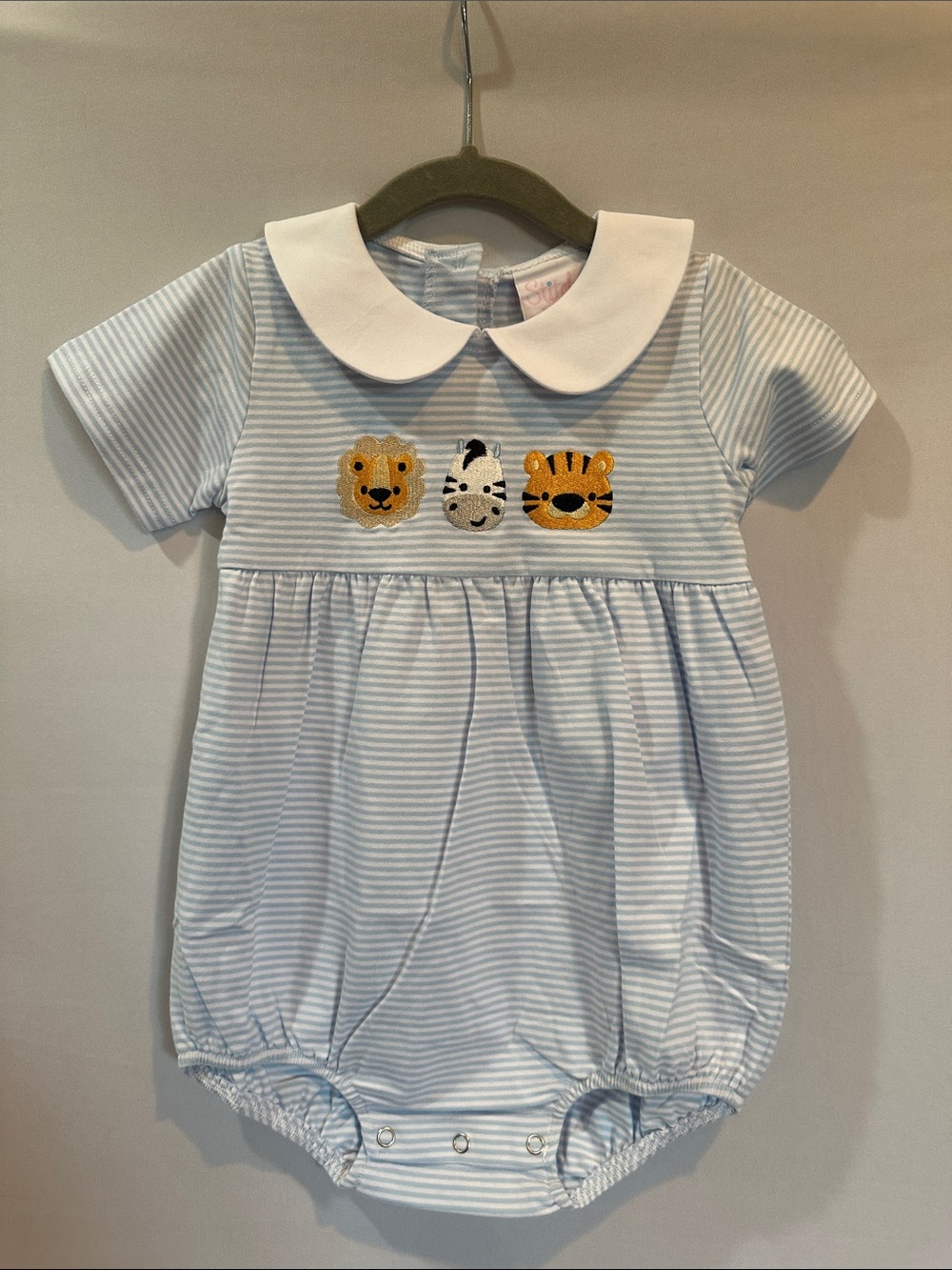 Light Blue Striped Baby One-Piece with Animal Faces - Peter Pan Collar